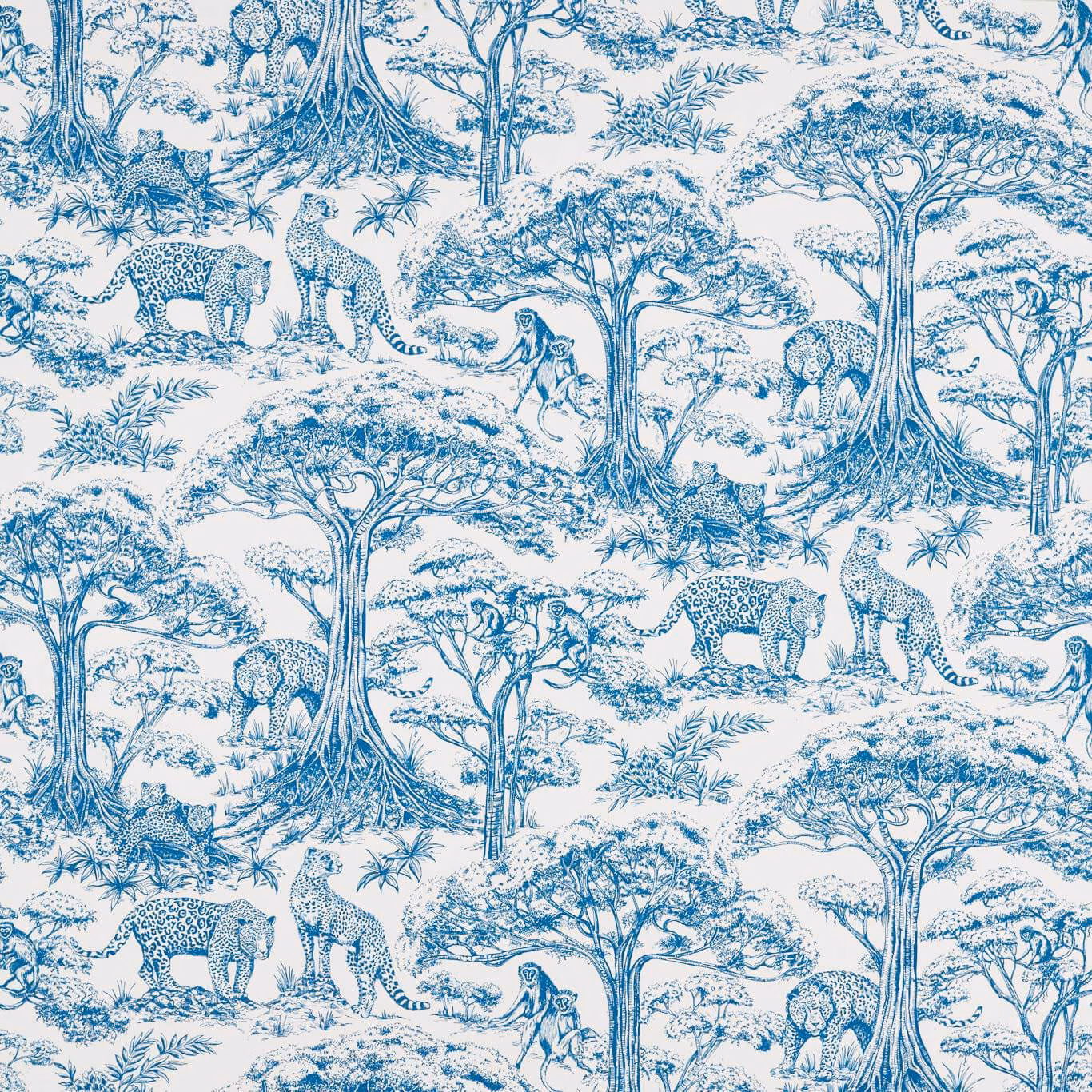 Cool blue safari animals and acacia trees in a detailed repeat on pale fabric