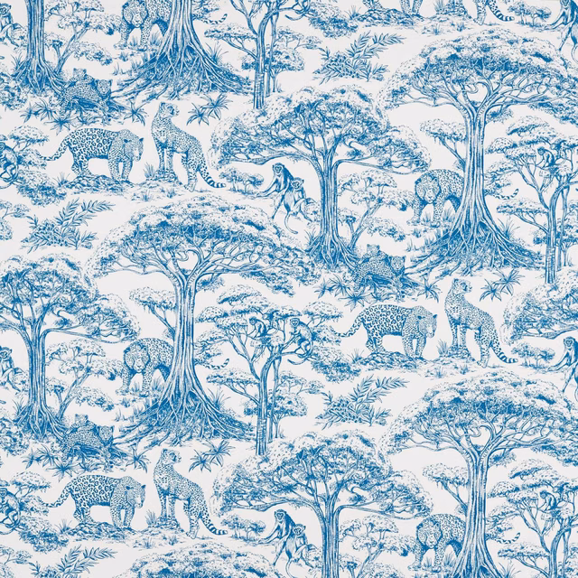 Cool blue safari animals and acacia trees in a detailed repeat on pale fabric