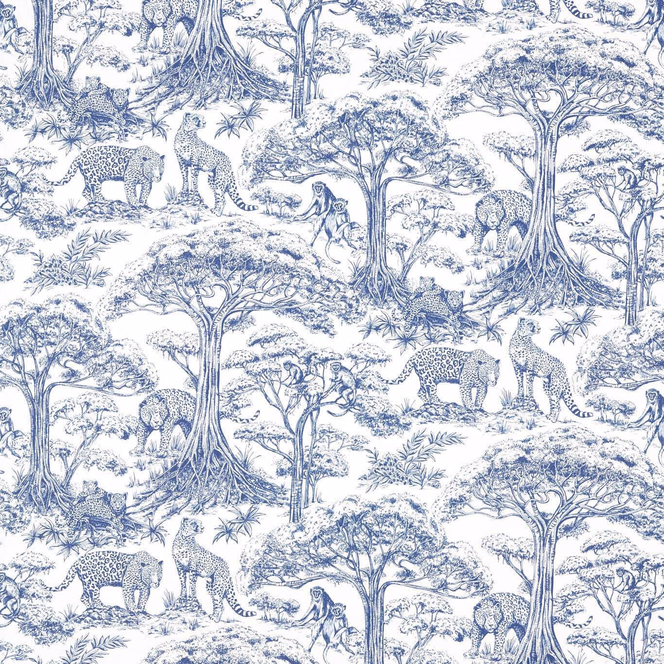 Midnight blue and ivory safari toile with elephants, giraffes, trees and monkeys