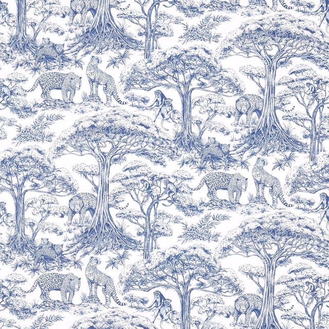 Midnight blue and ivory safari toile with elephants, giraffes, trees and monkeys
