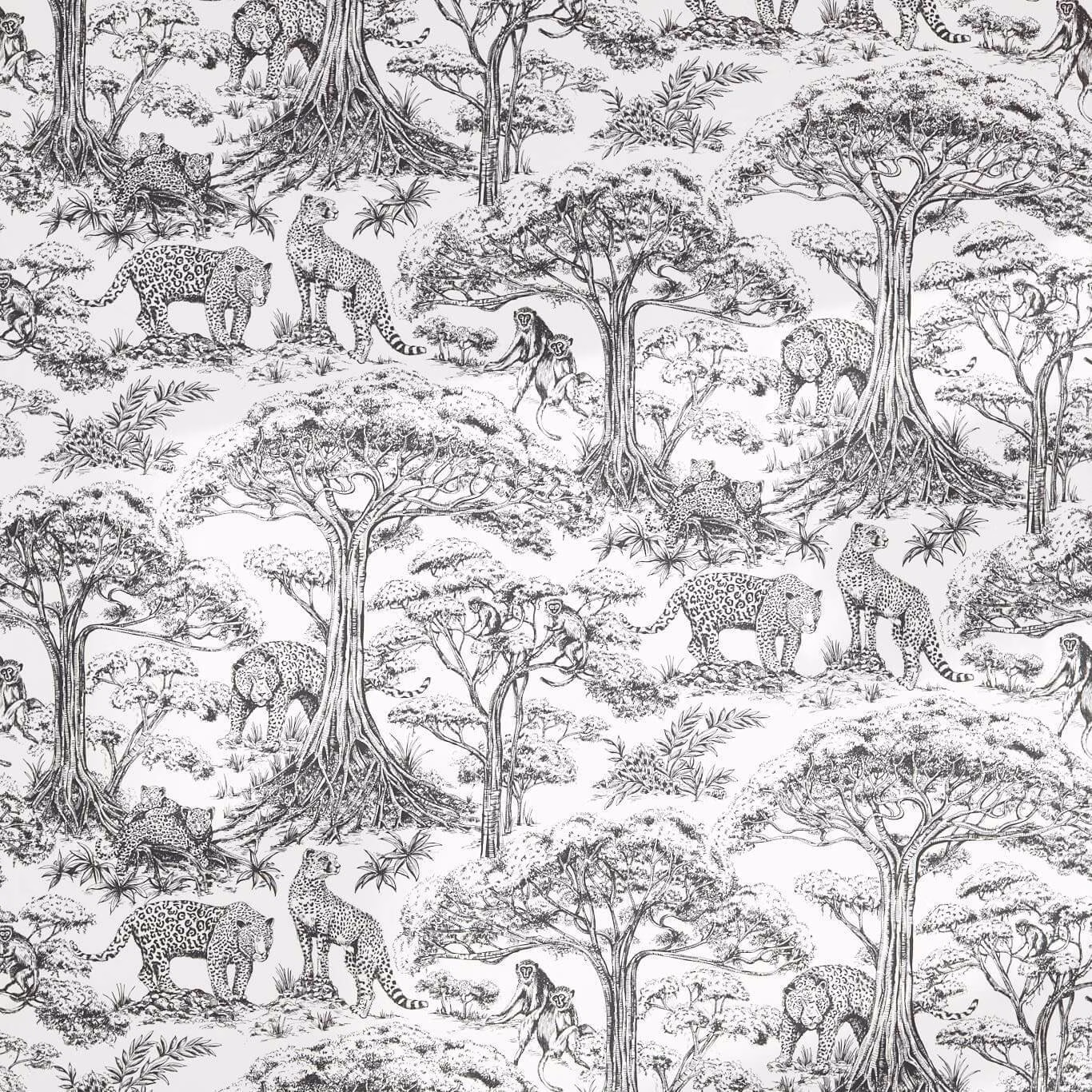 Charcoal and ivory safari toile showing elephants, giraffes, monkeys and spreading trees