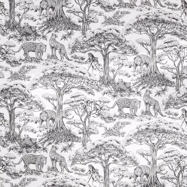 Charcoal and ivory safari toile showing elephants, giraffes, monkeys and spreading trees