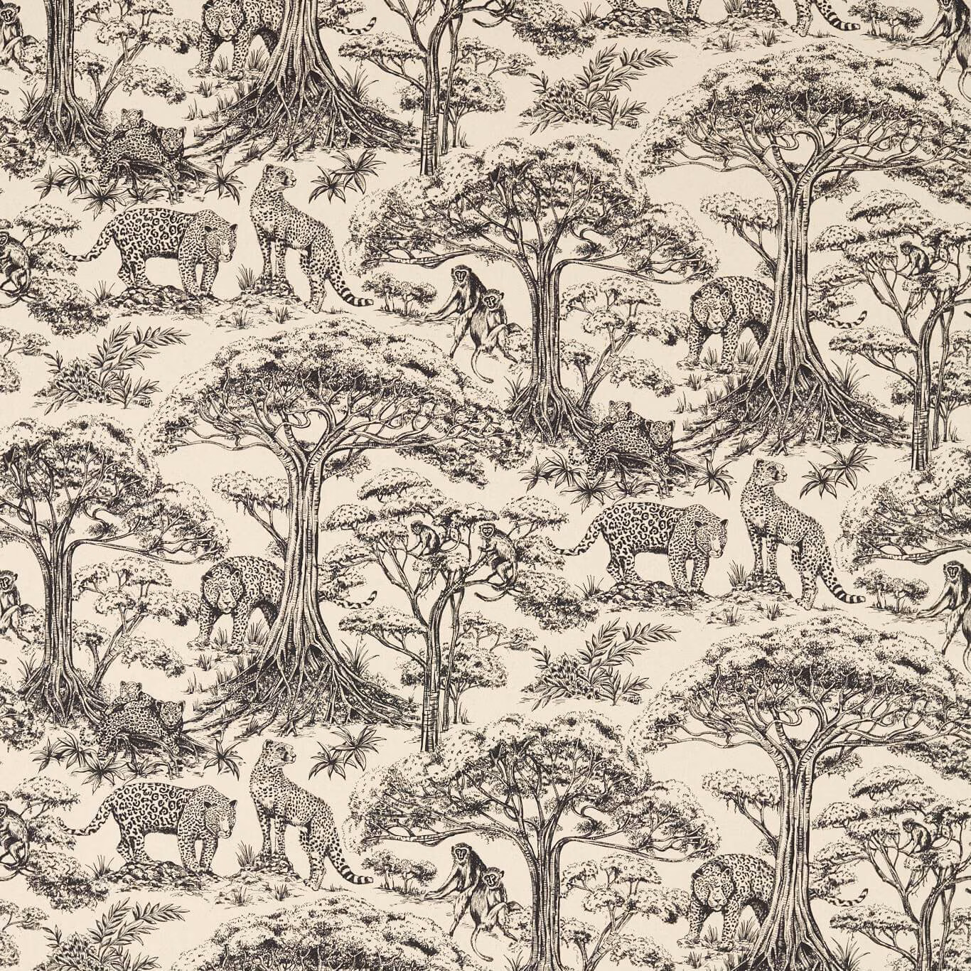 Warm cream fabric with dark jungle trees, spotted cats and monkeys in an illustrated repeat