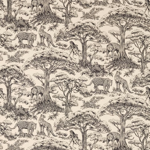 Warm cream fabric with dark jungle trees, spotted cats and monkeys in an illustrated repeat