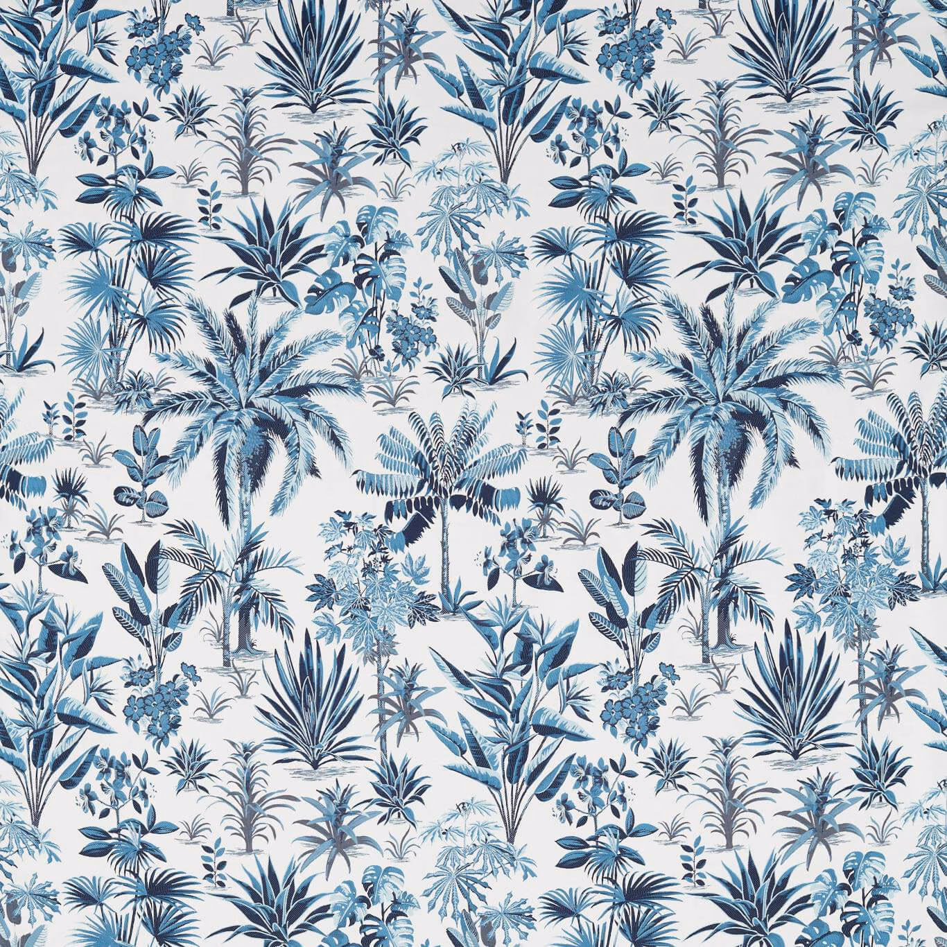 Cool blue and white tropical fabric with palms, fan leaves and fine botanical foliage