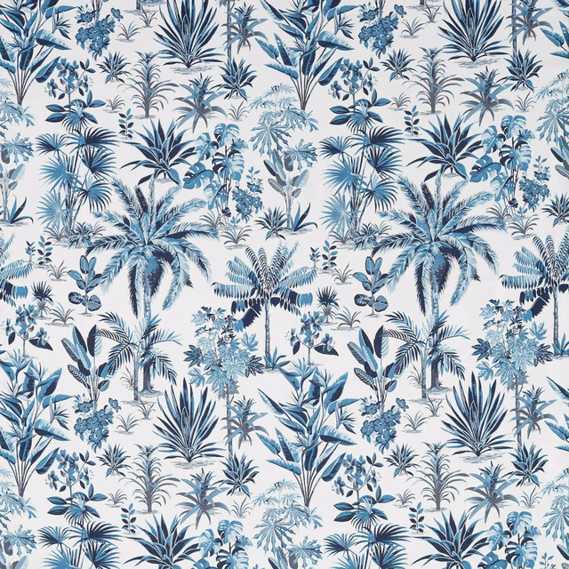 Cool blue and white tropical fabric with palms, fan leaves and fine botanical foliage