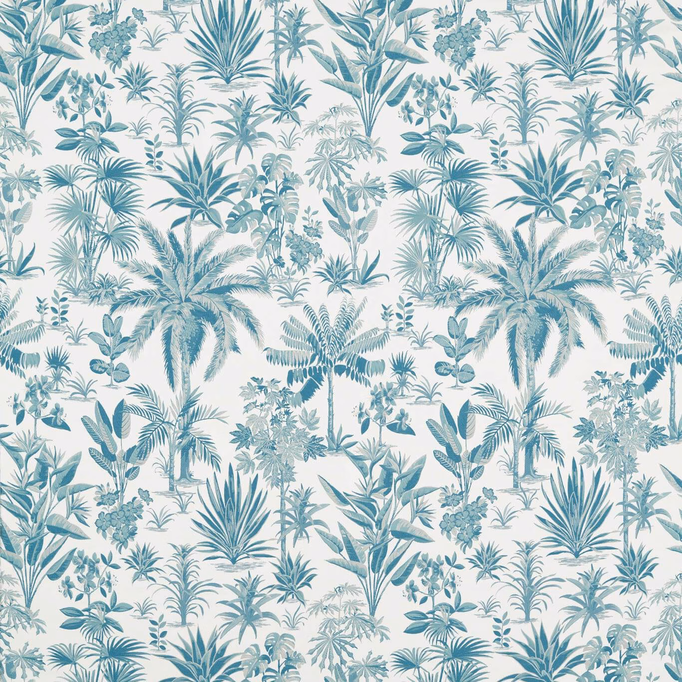 Dense mineral-teal tropical foliage and palms on a pale ivory ground