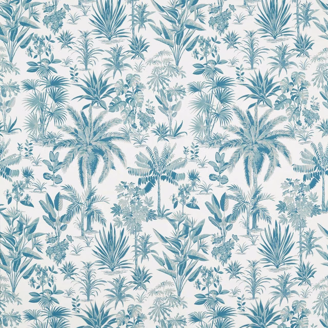 Dense mineral-teal tropical foliage and palms on a pale ivory ground