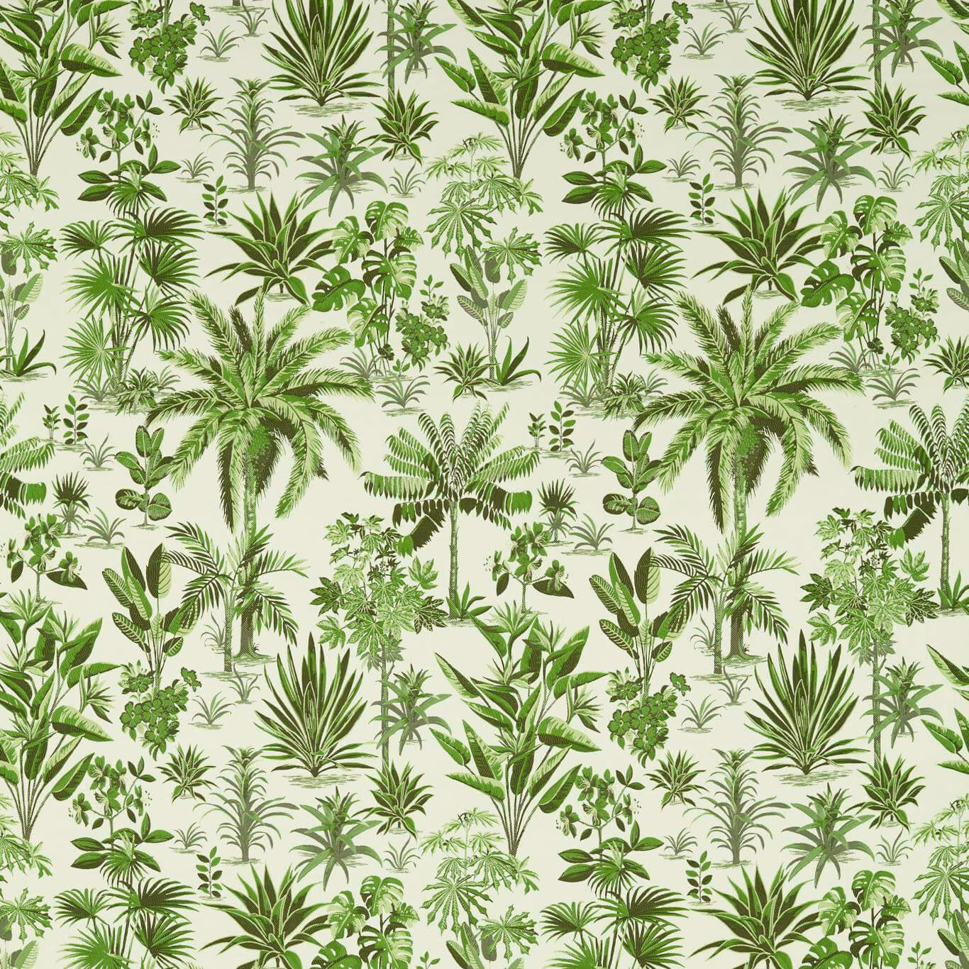 Ivory fabric covered in varied green palms, fronds and delicate tropical leaves