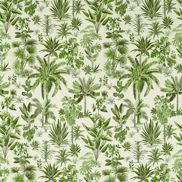 Ivory fabric covered in varied green palms, fronds and delicate tropical leaves