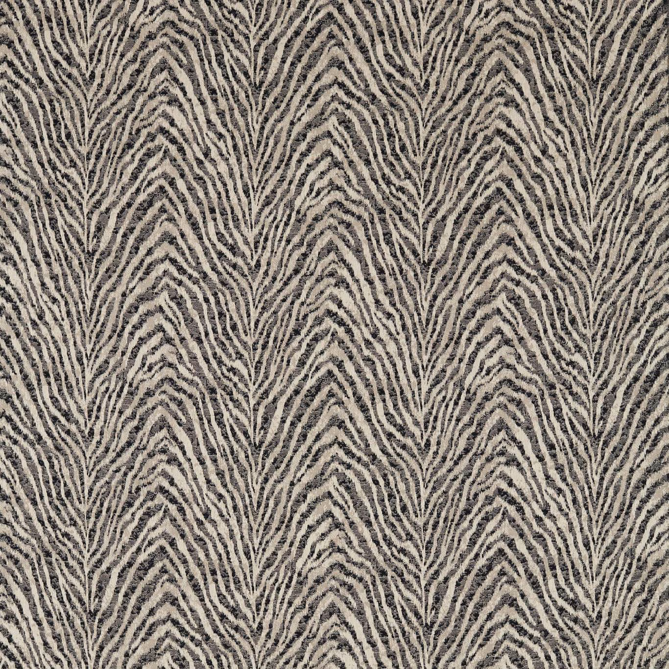 Charcoal branching zebra stripes woven across a natural linen textured ground