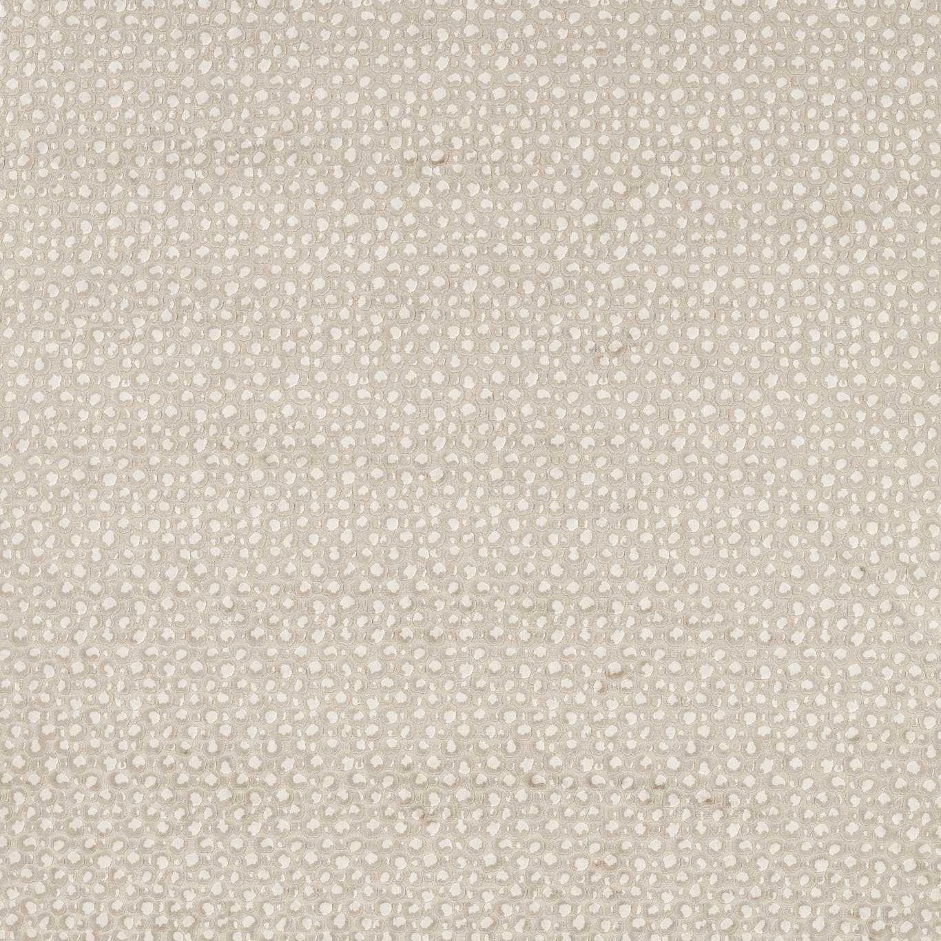 Pale greige woven upholstery with tiny ivory pebble-like motifs and soft texture