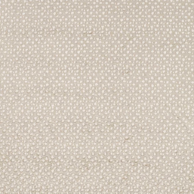 Pale greige woven upholstery with tiny ivory pebble-like motifs and soft texture