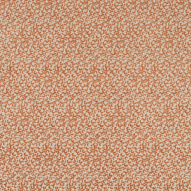 Dense rust curling motifs woven across a pale beige textile ground