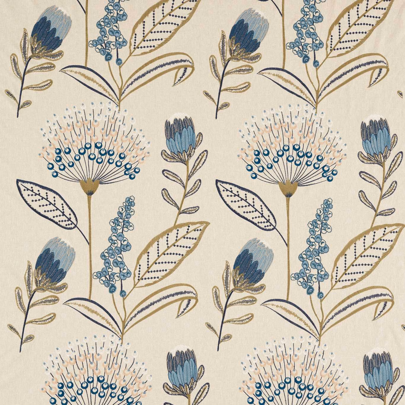 Cream botanical fabric with muted denim blooms, blue berries and olive leaves