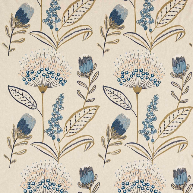 Cream botanical fabric with muted denim blooms, blue berries and olive leaves