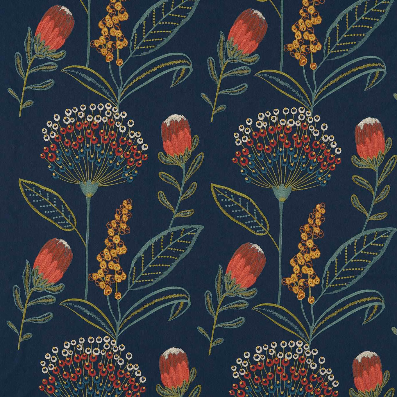 Midnight-blue botanical fabric with coral flowers, olive leaves and dotted berry stems