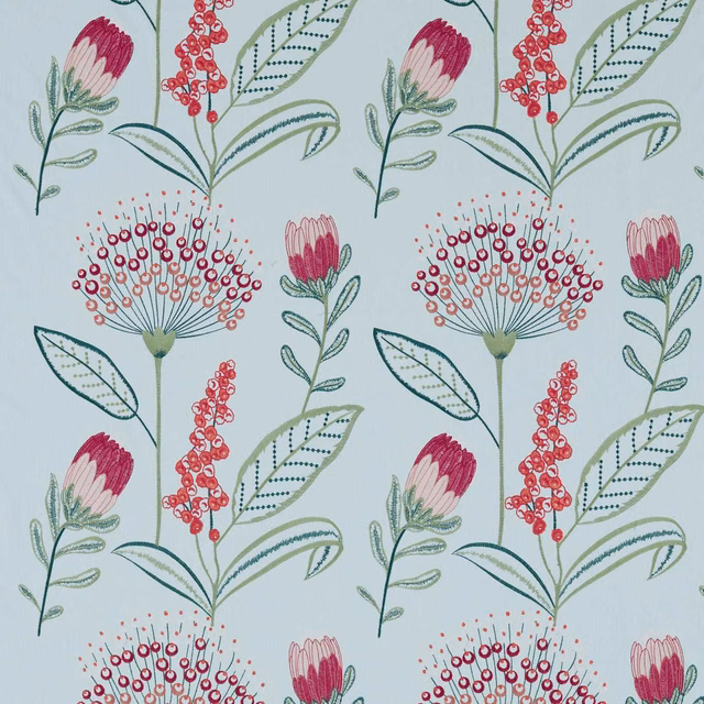 Mineral-blue botanical fabric with burgundy flowers, blush blooms and sage leaves