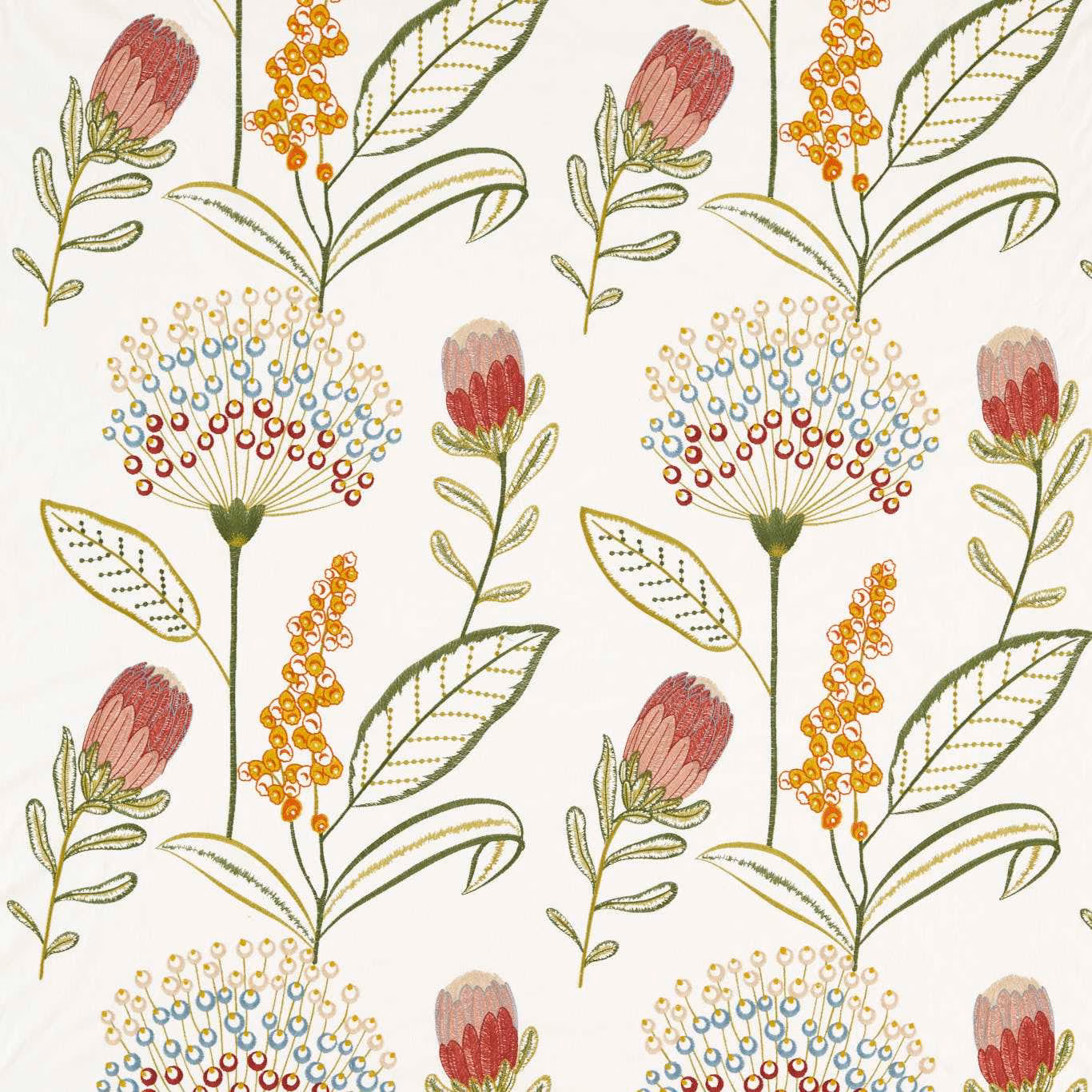 Cream botanical fabric with terracotta flowers, olive leaves, mustard berries and blue dotted blooms