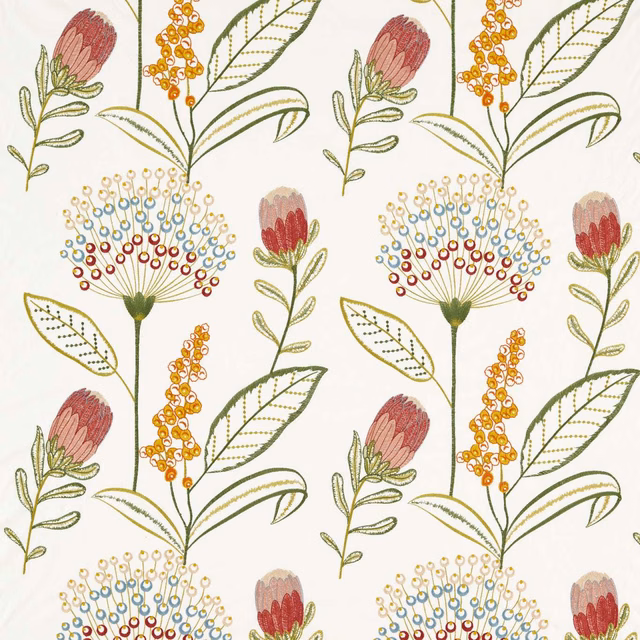 Cream botanical fabric with terracotta flowers, olive leaves, mustard berries and blue dotted blooms