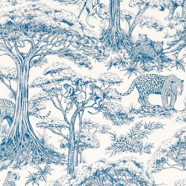 Ink-blue safari wallpaper with leopards, trees and foliage on an ivory ground