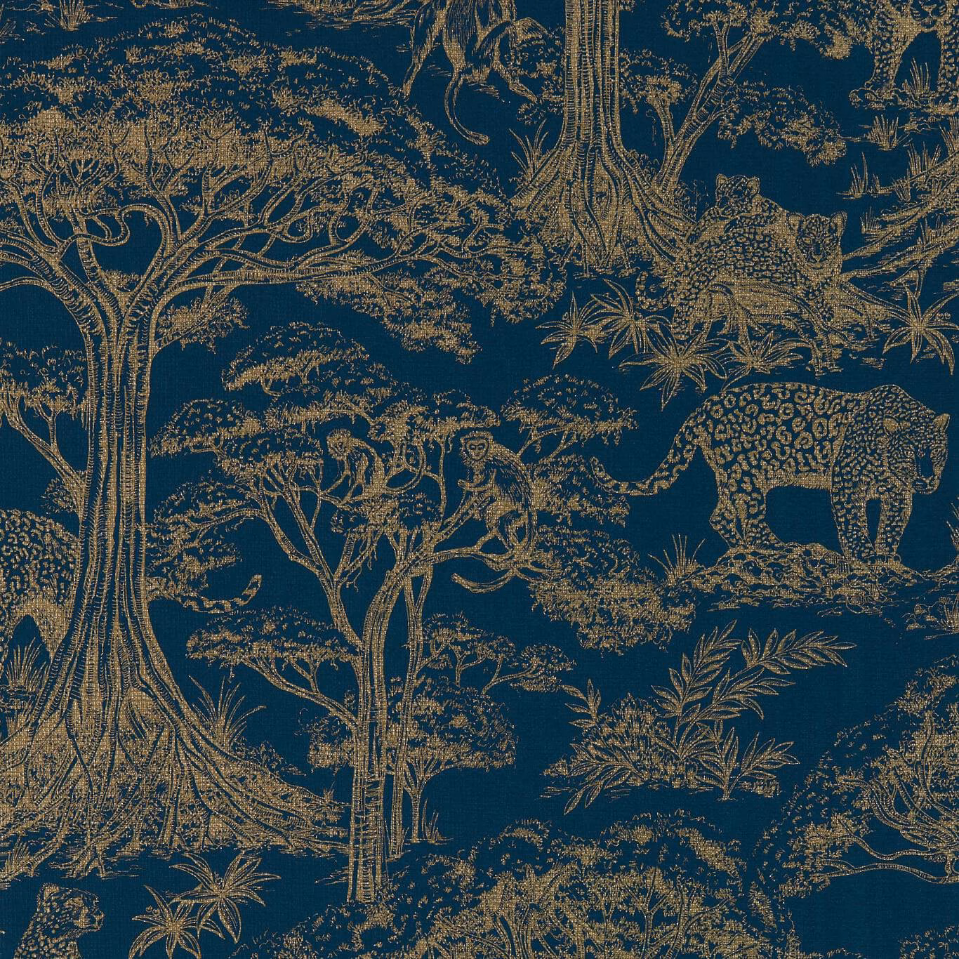 Midnight-blue safari wallpaper with antique-gold trees, leopard and layered jungle scene