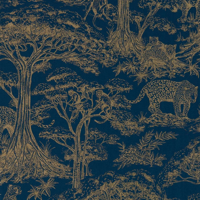 Midnight-blue safari wallpaper with antique-gold trees, leopard and layered jungle scene