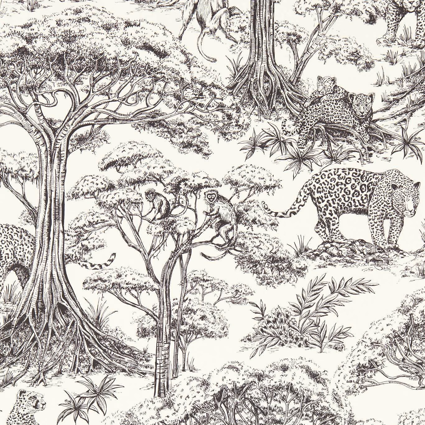 Cream wallpaper with black leopards, monkeys, trees and safari foliage in detailed linework