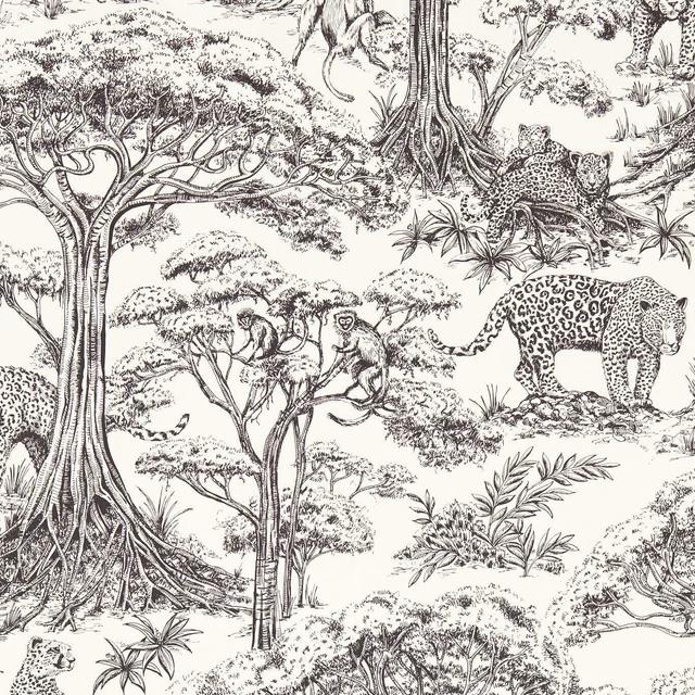 Cream wallpaper with black leopards, monkeys, trees and safari foliage in detailed linework