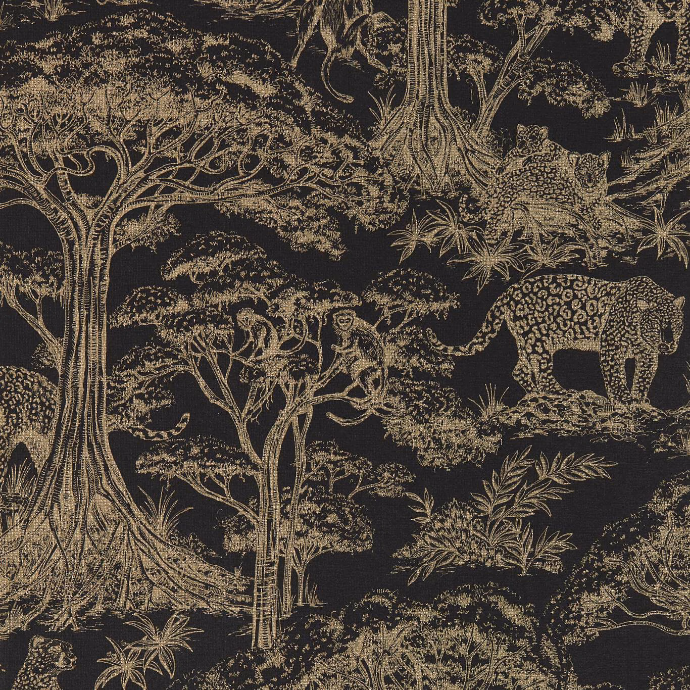 Near-black wallpaper with antique-gold trees, leopards, foliage and finely drawn safari detail