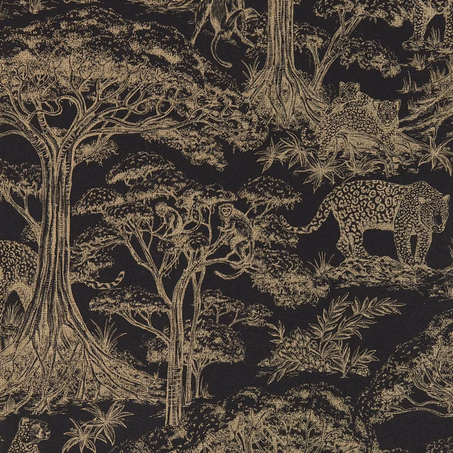 Near-black wallpaper with antique-gold trees, leopards, foliage and finely drawn safari detail