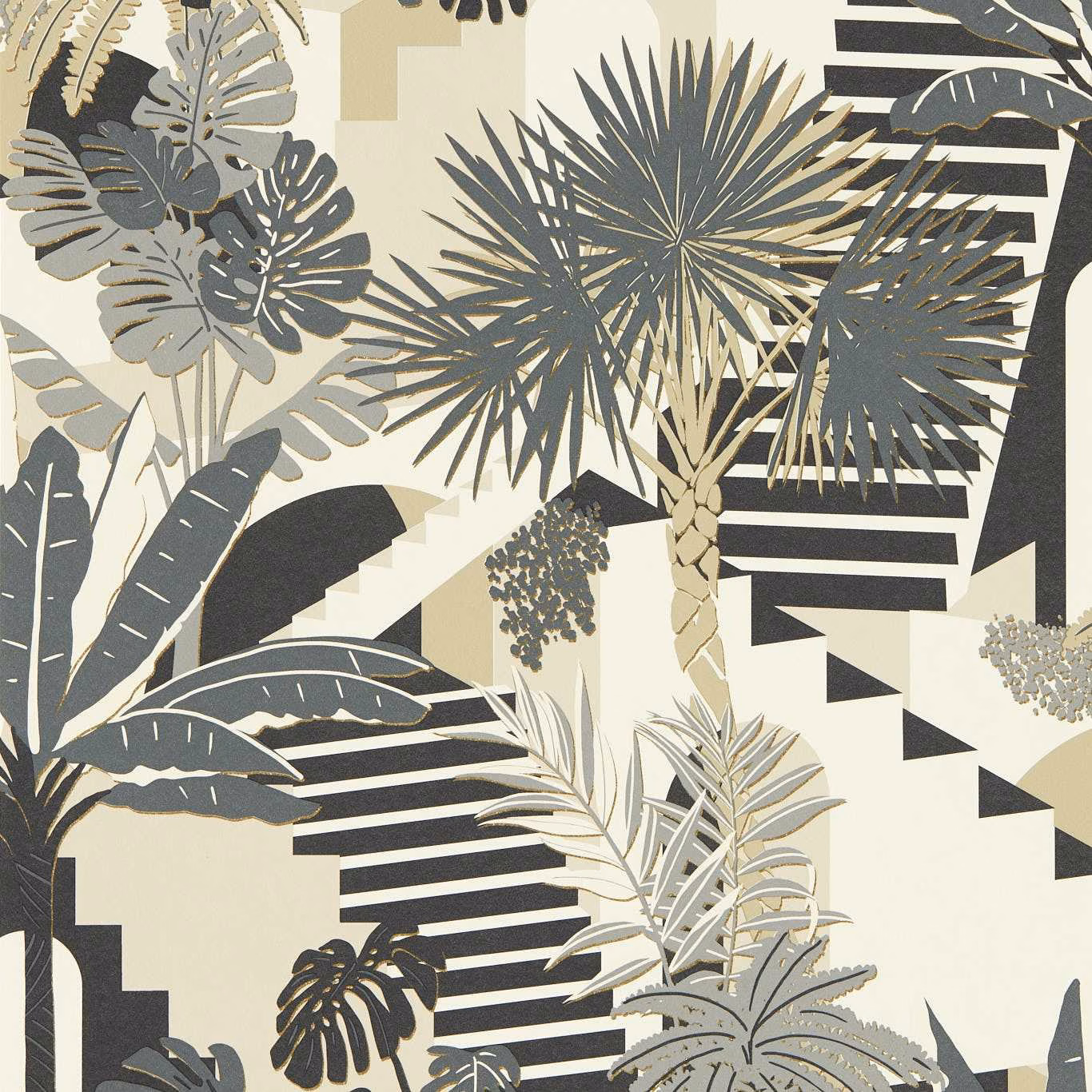 Charcoal palms, tropical leaves and graphic staircases on a warm ivory ground