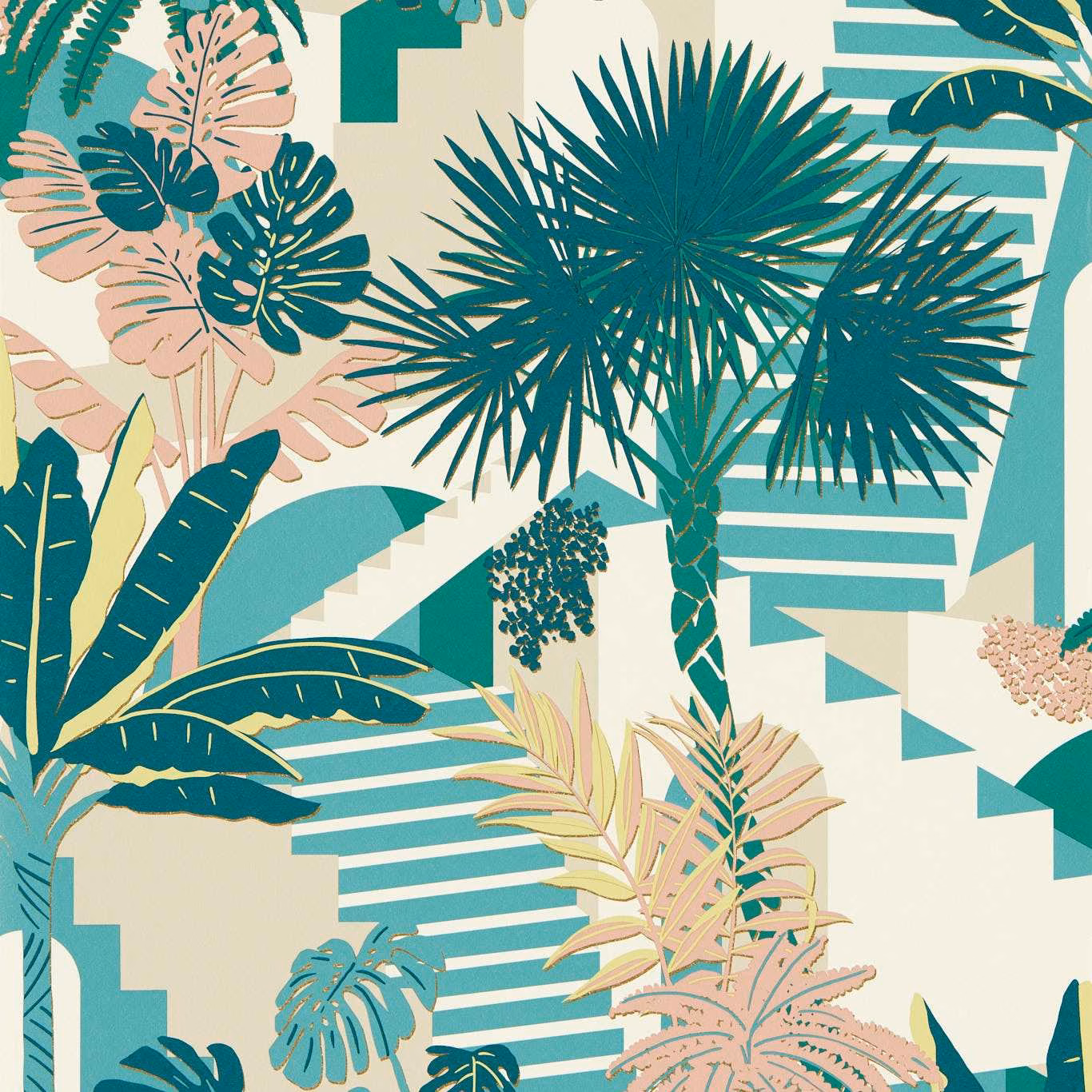 Teal tropical palms and blush leaves over mineral geometric steps wallpaper