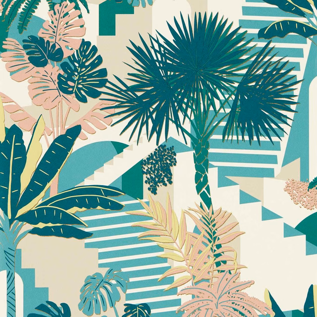 Teal tropical palms and blush leaves over mineral geometric steps wallpaper