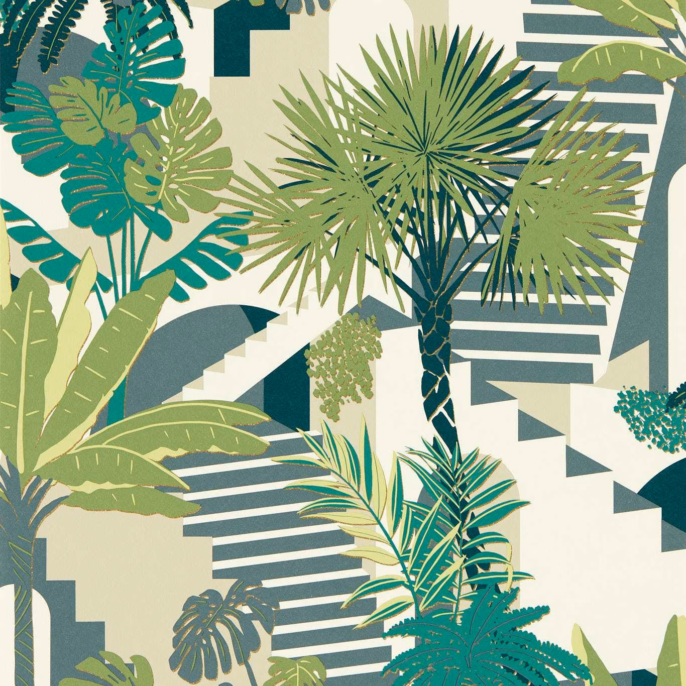 Teal and olive palm leaves over cream, with geometric stair-step bands