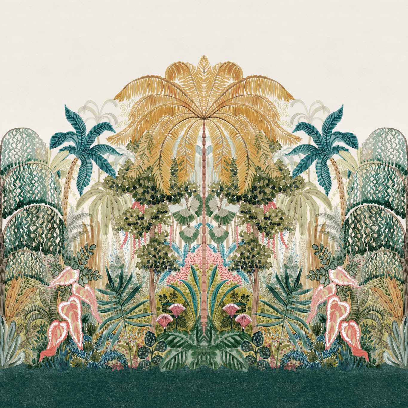 Symmetrical tropical wallpaper with teal palms, ochre fan palm and pink flamingos