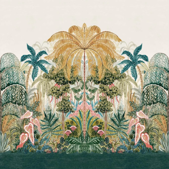 Symmetrical tropical wallpaper with teal palms, ochre fan palm and pink flamingos