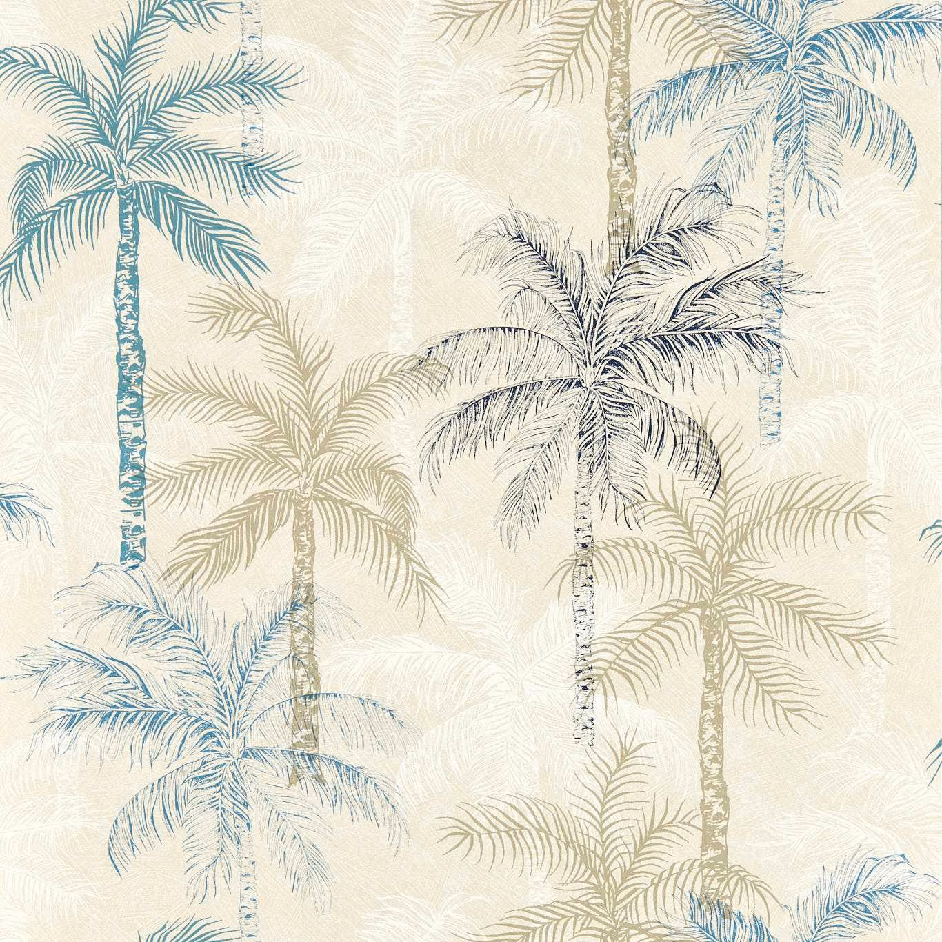 Ivory wallpaper with layered denim-blue, teal and taupe palm trees