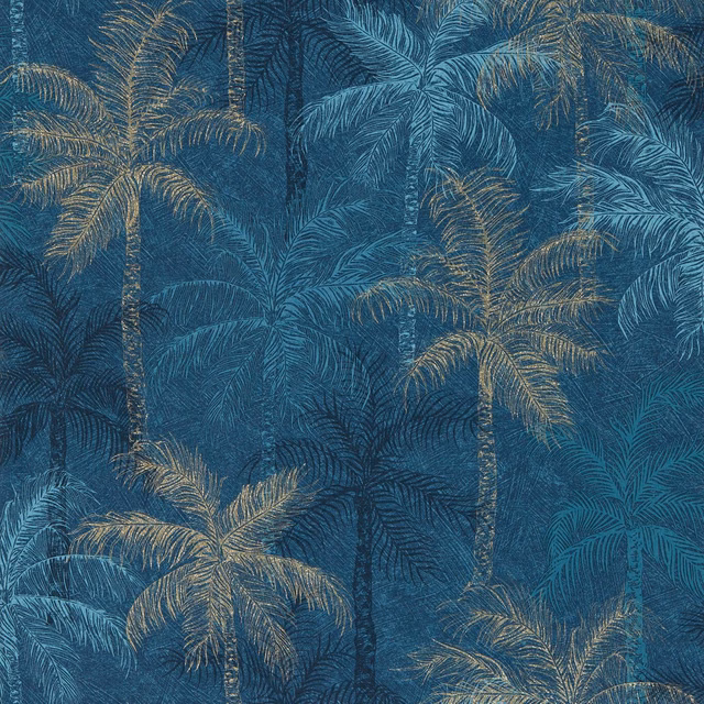 Midnight blue palm wallpaper with layered teal foliage and warm gold fronds