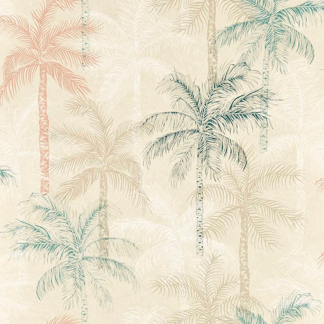 Pale mineral wallpaper with blush and muted teal palm trees in layered fronds