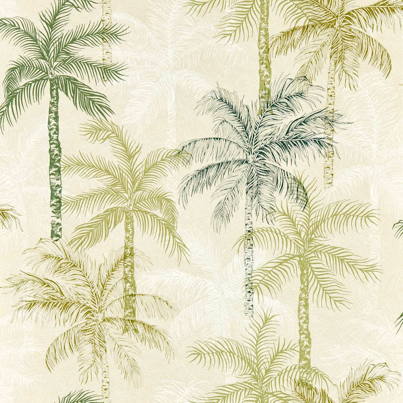 Cream wallpaper with olive and sage palm trees and fine frond detail