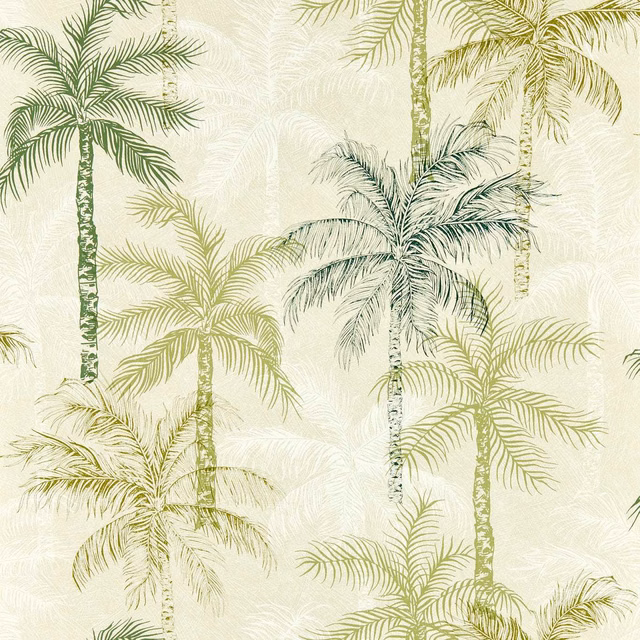 Cream wallpaper with olive and sage palm trees and fine frond detail