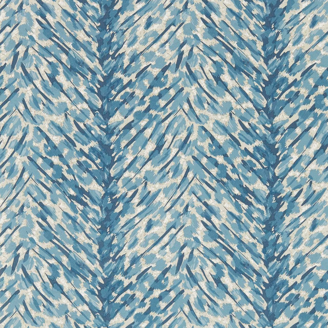 Muted denim blue wallpaper with cream and pale blue angular painterly brushstrokes
