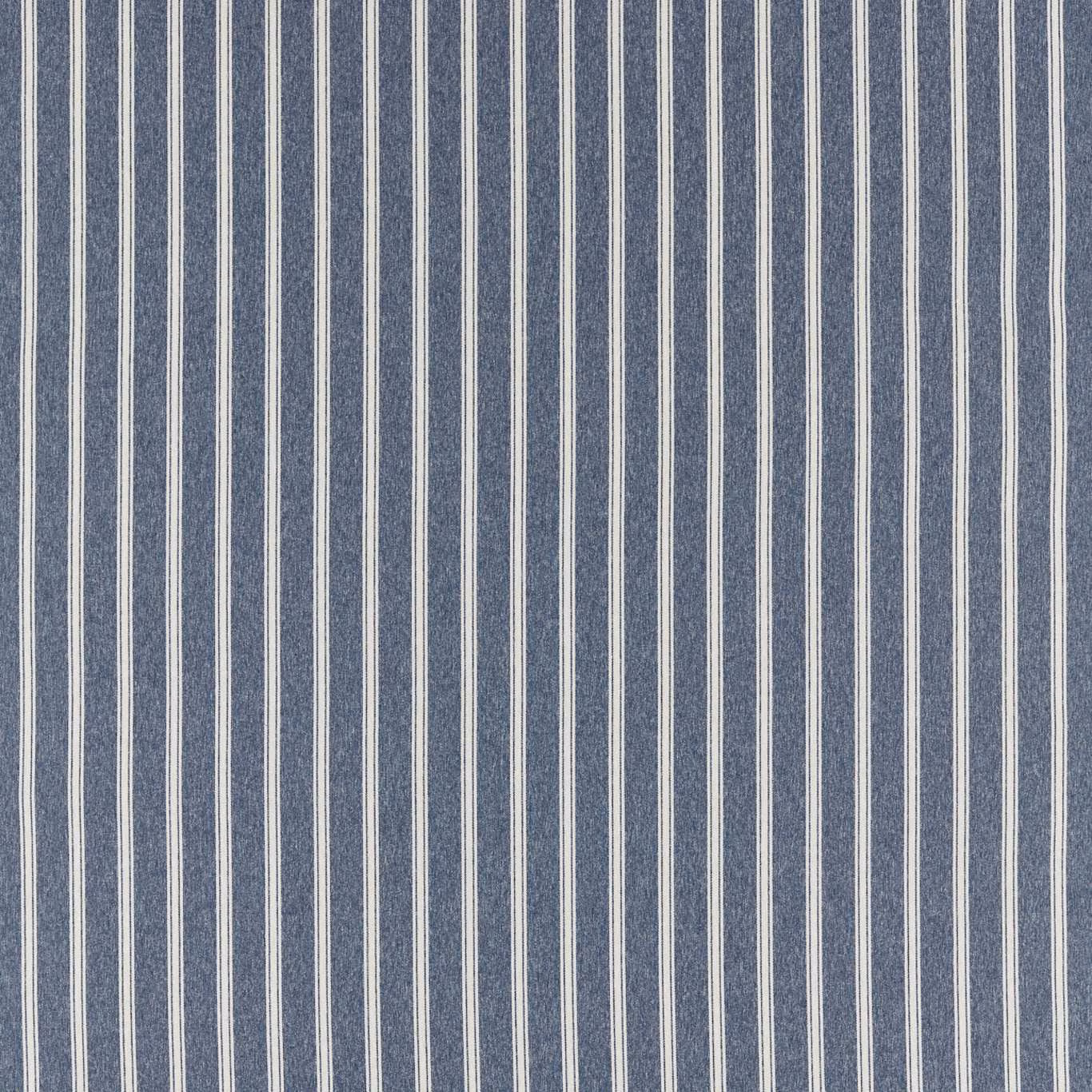 Blue-grey woven fabric with narrow pale vertical stripes and a softly flecked texture