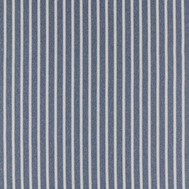 Blue-grey woven fabric with narrow pale vertical stripes and a softly flecked texture