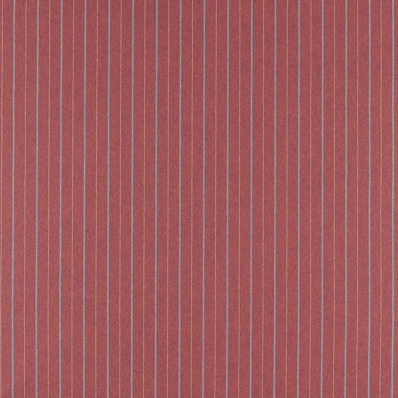 Deep cranberry red woven fabric with fine cool grey-blue vertical stripes and textured surface