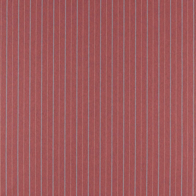 Deep cranberry red woven fabric with fine cool grey-blue vertical stripes and textured surface