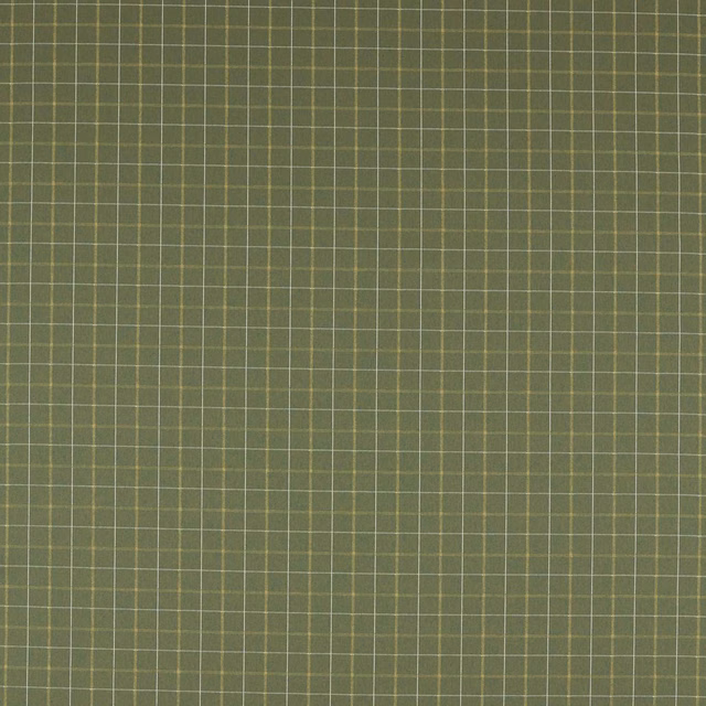Muted moss green woven check with fine cream grid lines and textured surface
