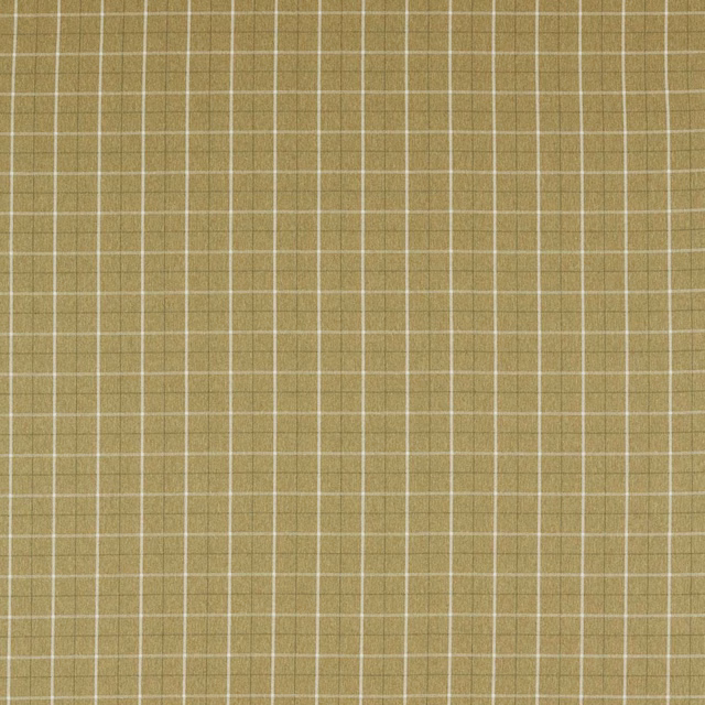 Muted olive woven fabric with fine white windowpane check and softly textured surface