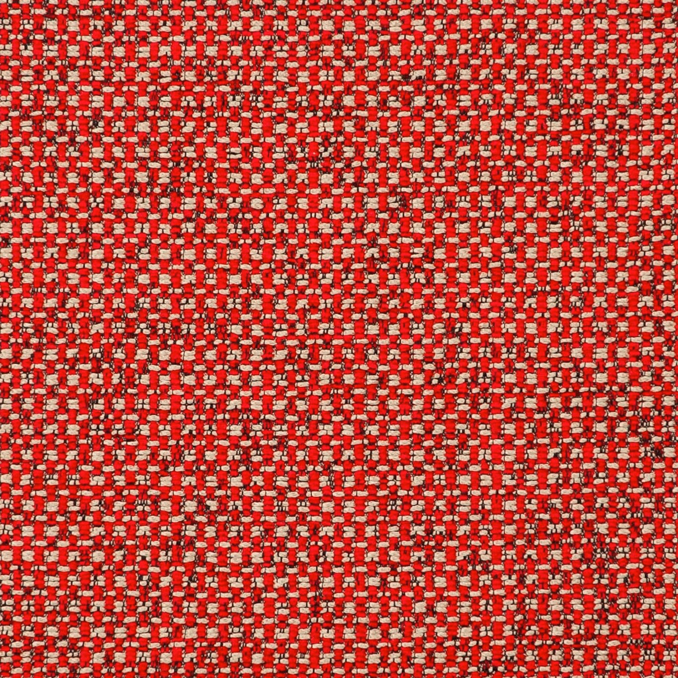 Dense scarlet upholstery weave with cream and dark flecks in a textured surface